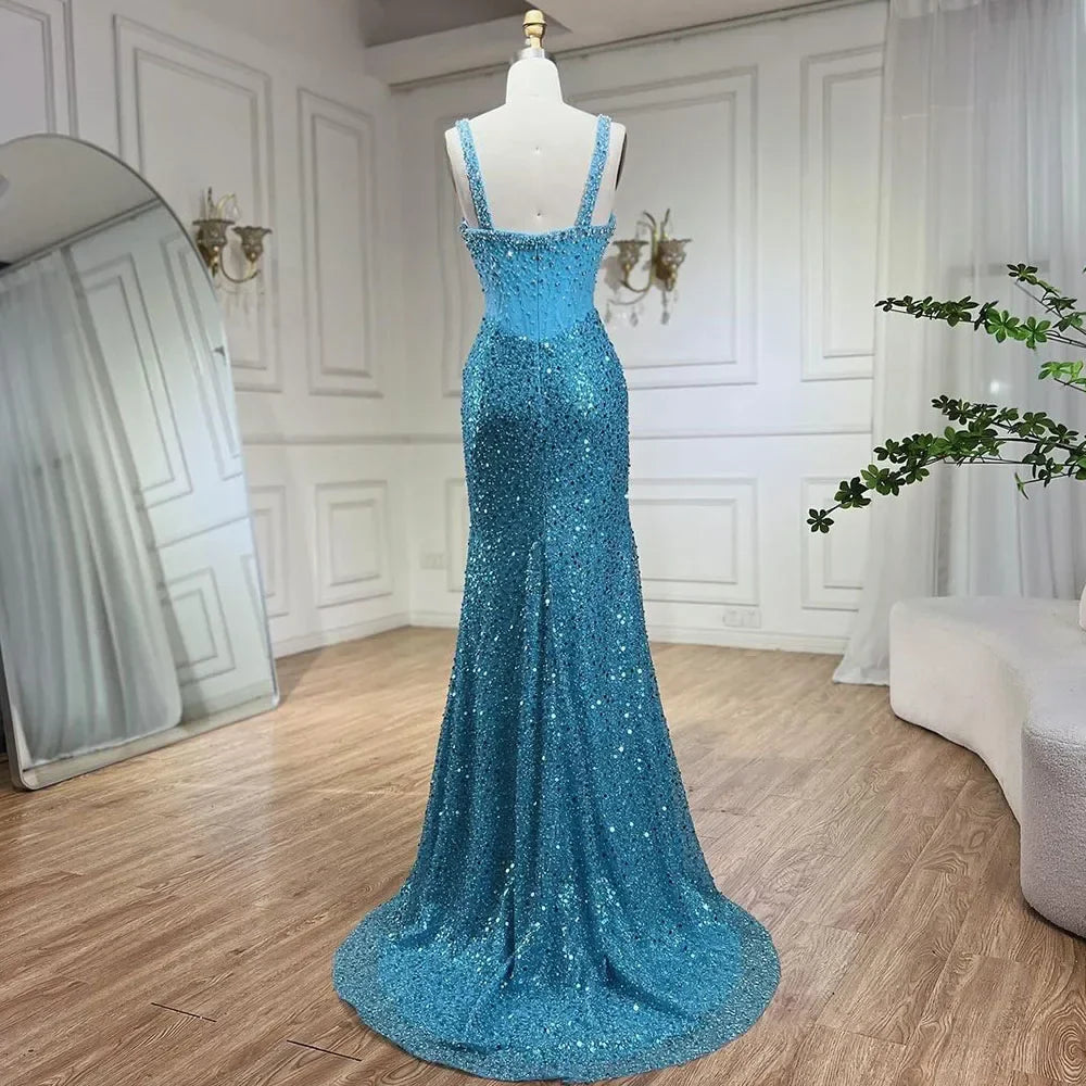 Luxury Dubai Beige Mermaid Floor Length Evening Gowns Luxury Beaded Crystal Spaghetti Strap Party Drsses For Women LA72163