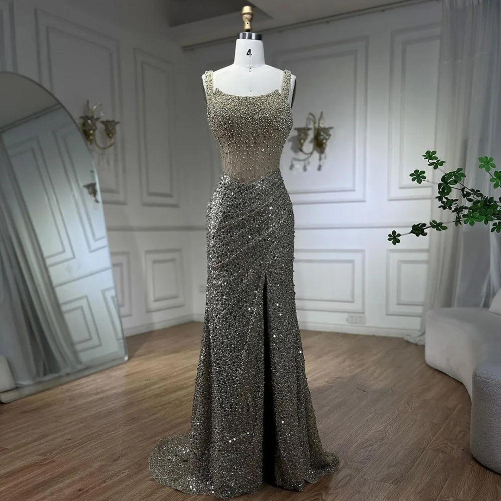 Luxury Dubai Beige Mermaid Floor Length Evening Gowns Luxury Beaded Crystal Spaghetti Strap Party Drsses For Women LA72163