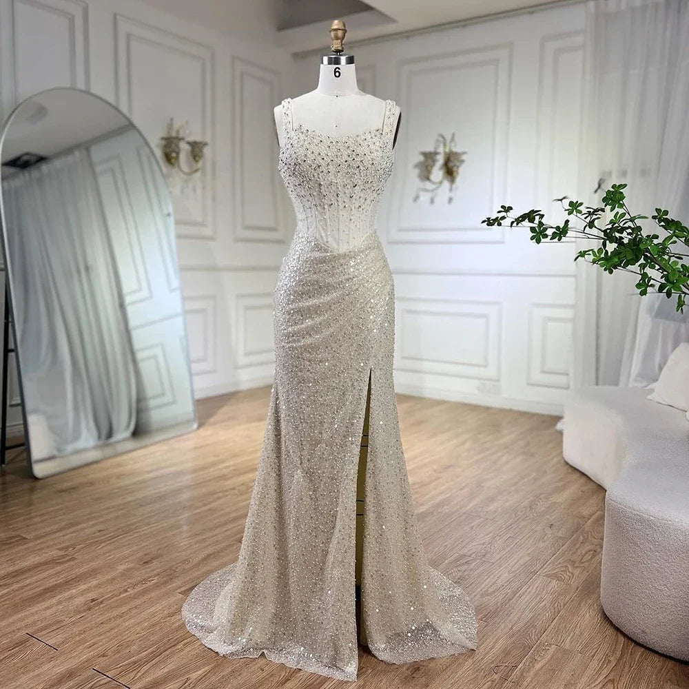 Luxury Dubai Beige Mermaid Floor Length Evening Gowns Luxury Beaded Crystal Spaghetti Strap Party Drsses For Women LA72163