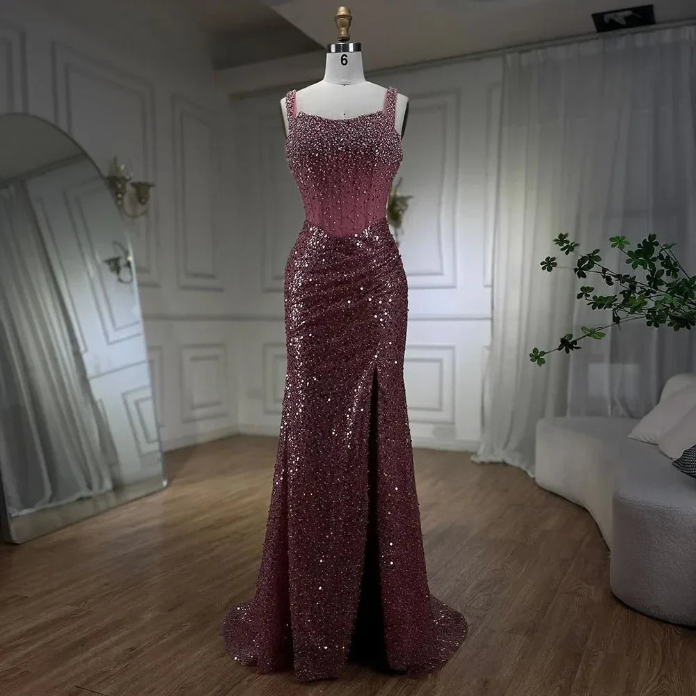 Luxury Dubai Beige Mermaid Floor Length Evening Gowns Luxury Beaded Crystal Spaghetti Strap Party Drsses For Women LA72163