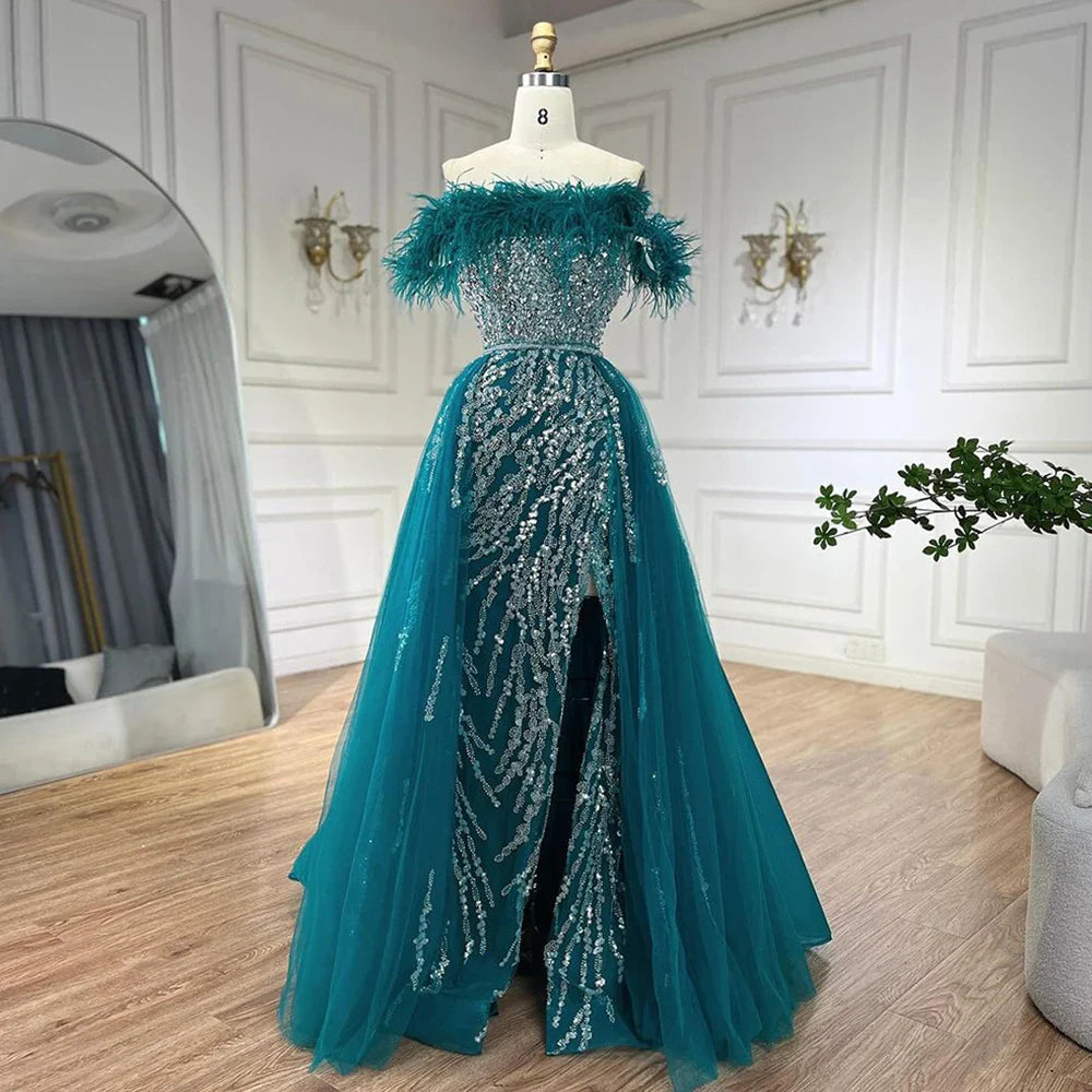 Blue Diamond Feather Mermaid Evening Dress With Overskirt LA72061