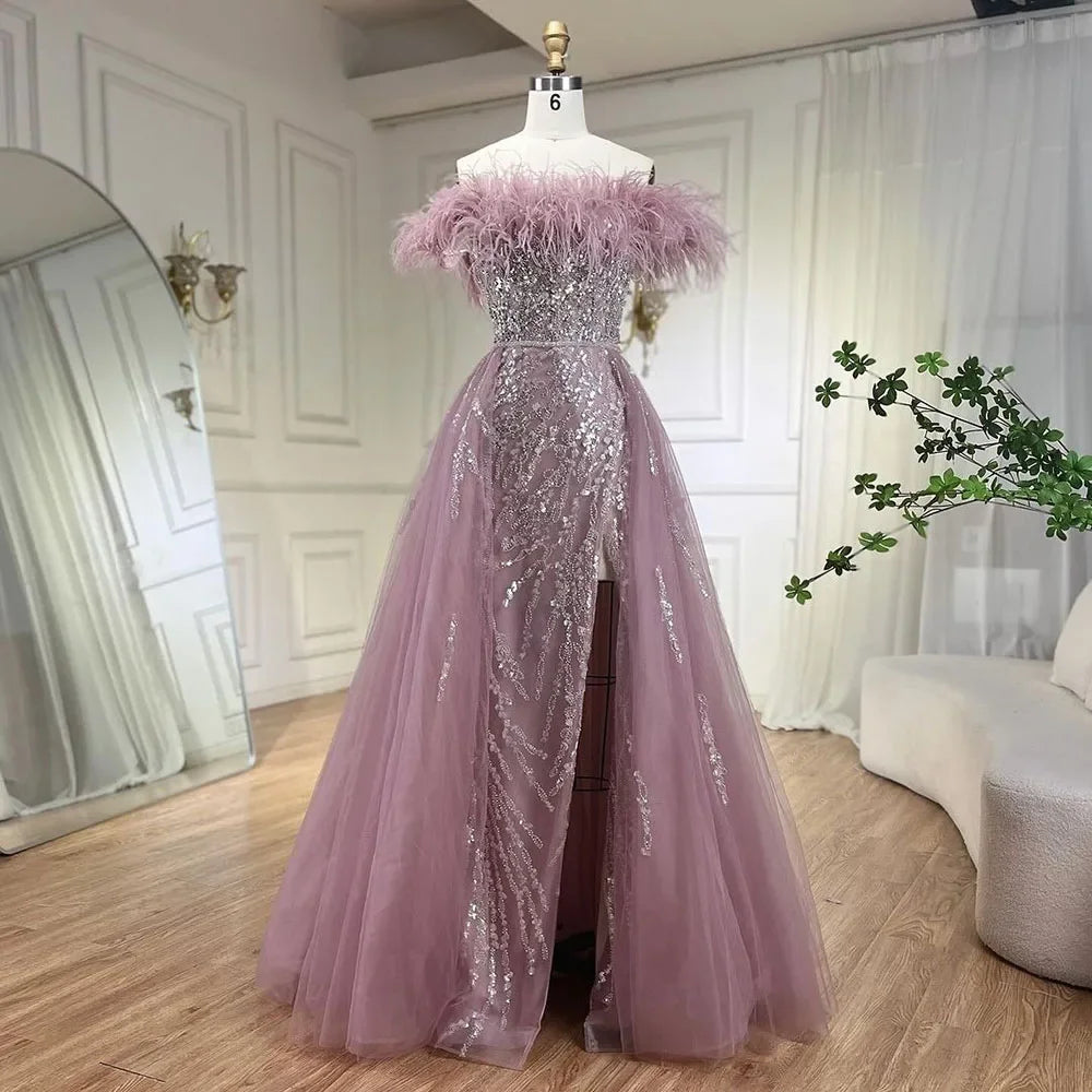 Blue Diamond Feather Mermaid Evening Dress With Overskirt LA72061
