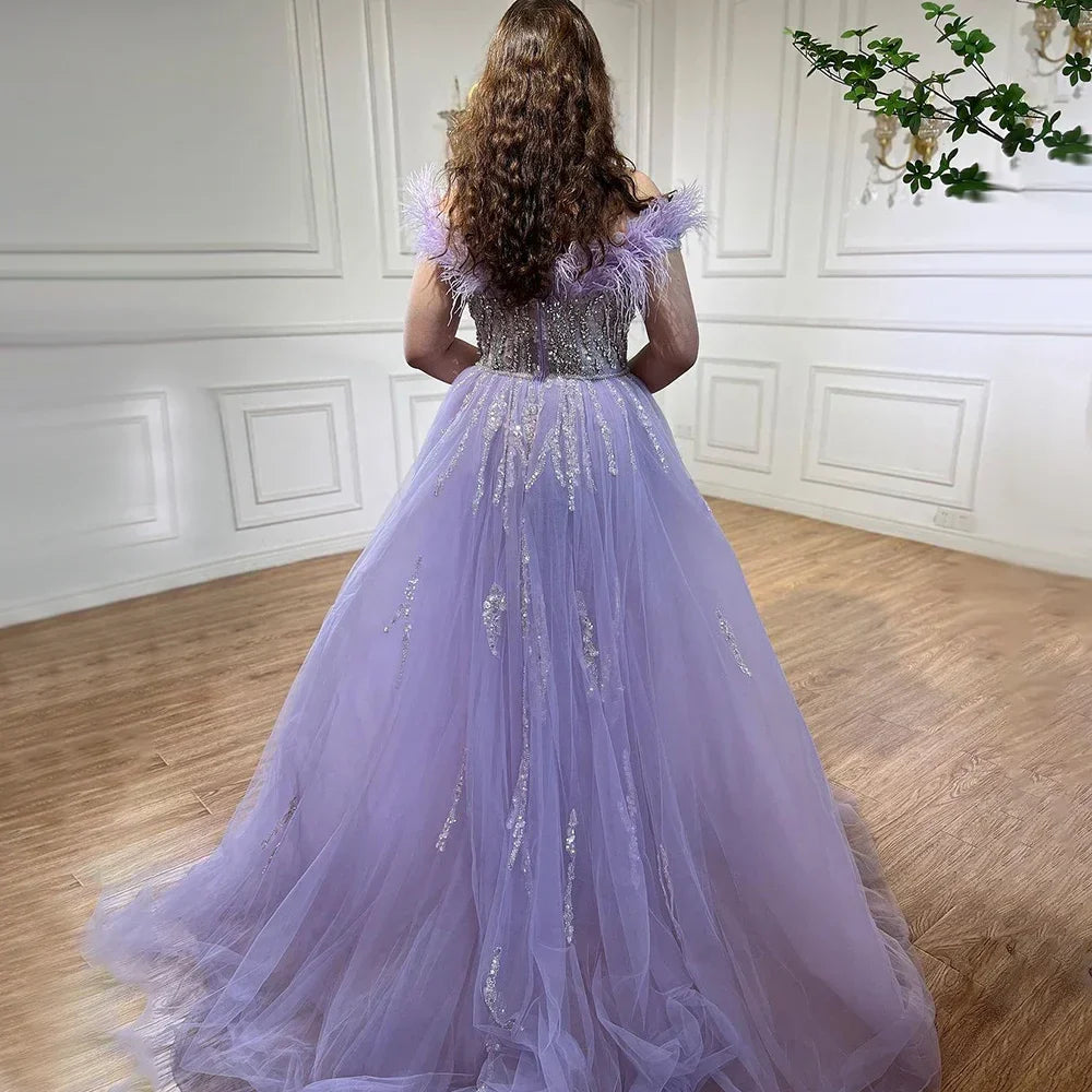 Blue Diamond Feather Mermaid Evening Dress With Overskirt LA72061