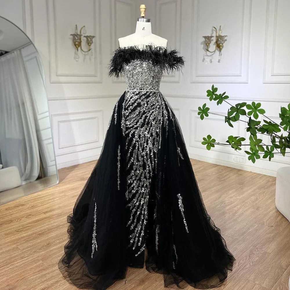 Blue Diamond Feather Mermaid Evening Dress With Overskirt LA72061