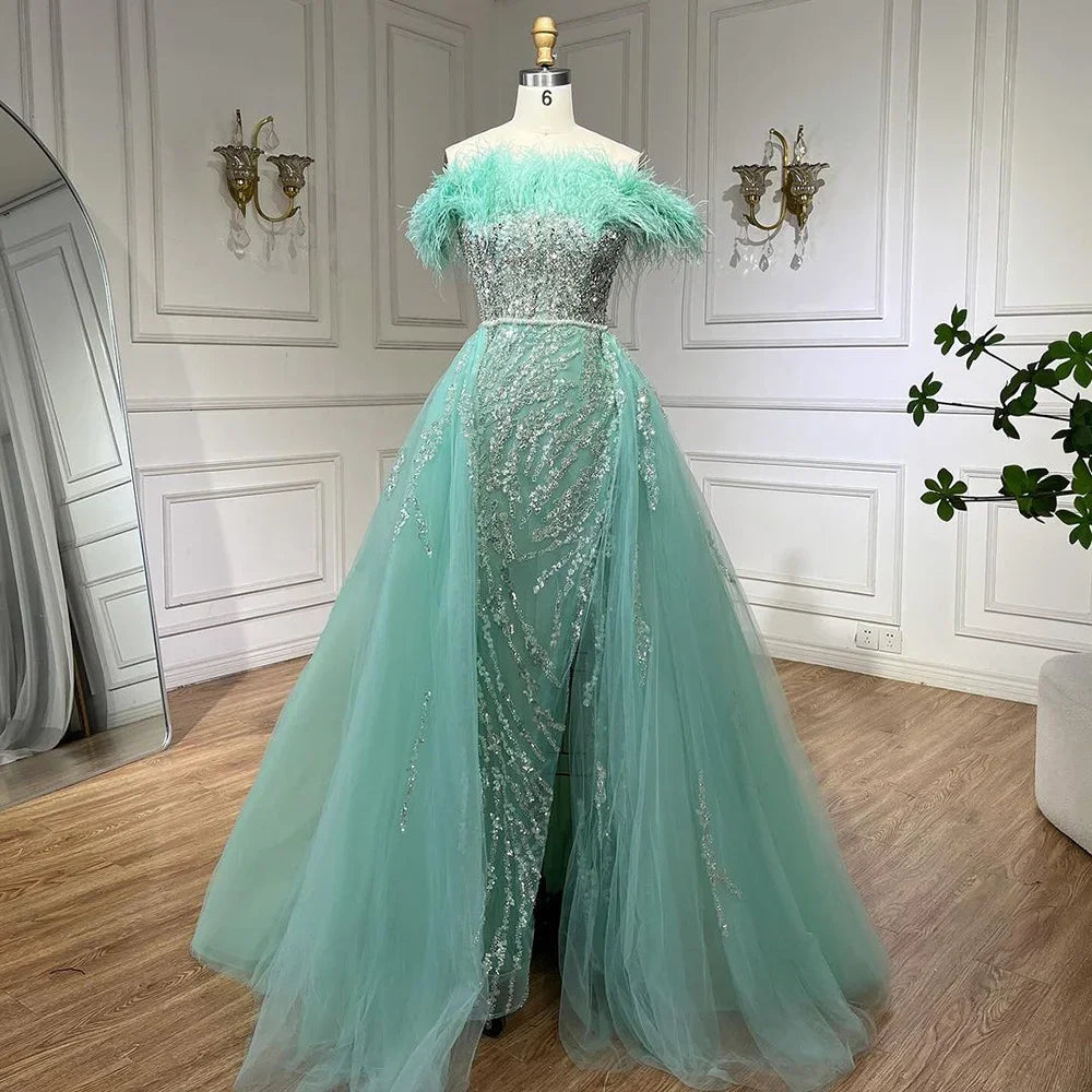 Blue Diamond Feather Mermaid Evening Dress With Overskirt LA72061