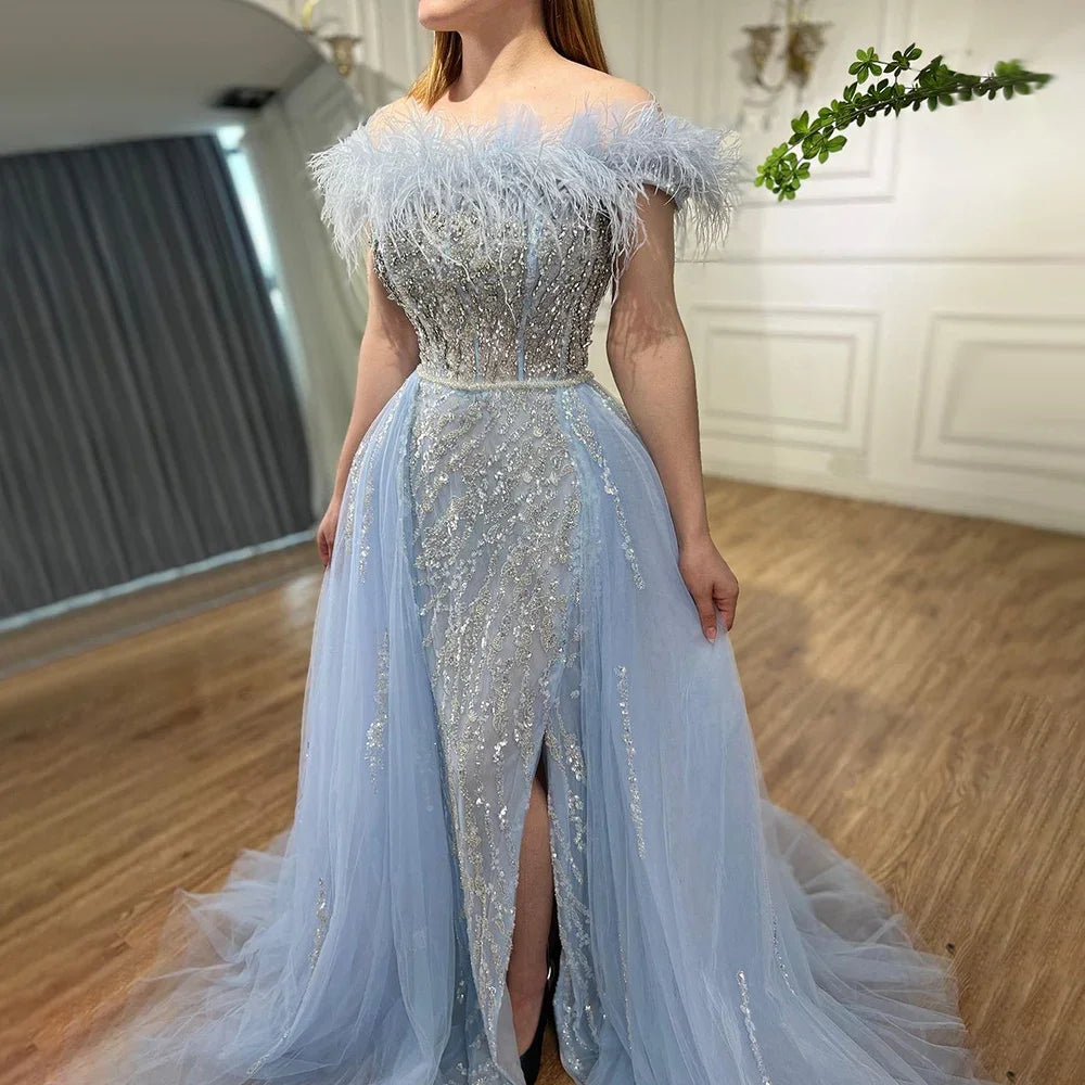 Blue Diamond Feather Mermaid Evening Dress With Overskirt LA72061