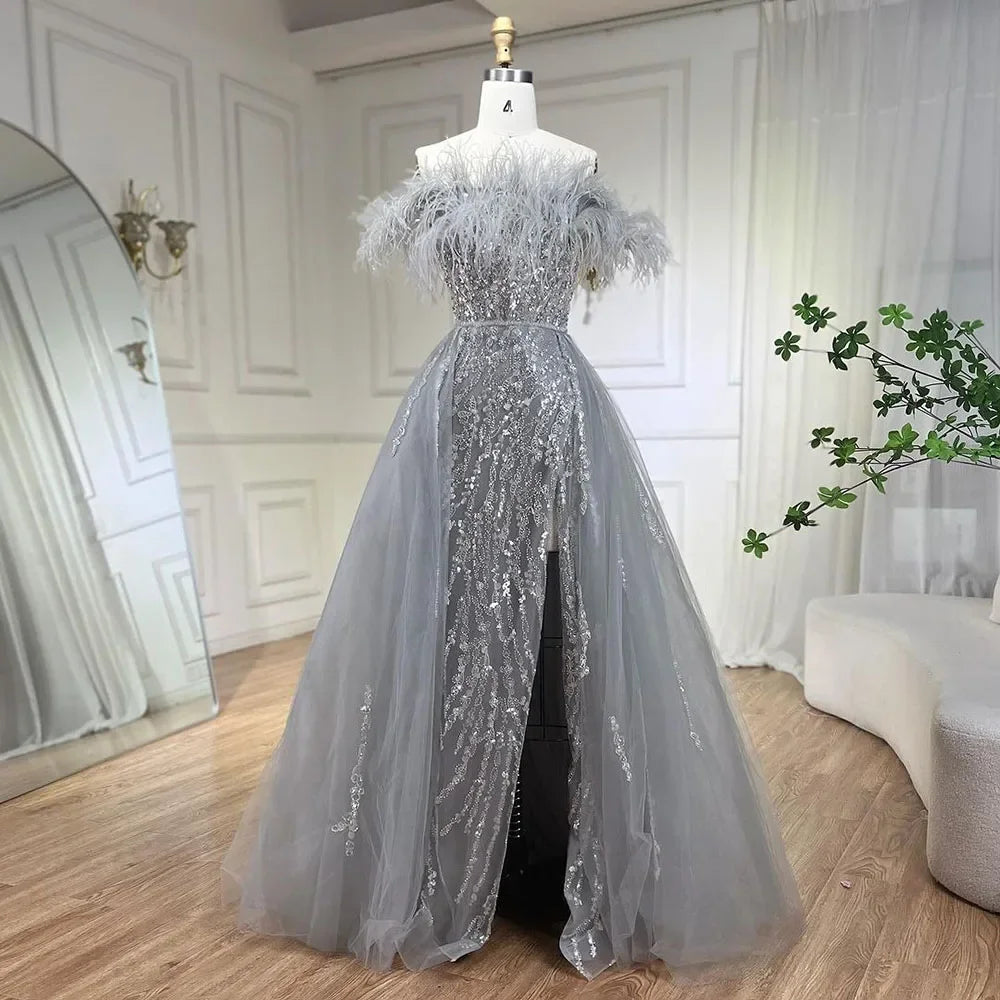 Blue Diamond Feather Mermaid Evening Dress With Overskirt LA72061