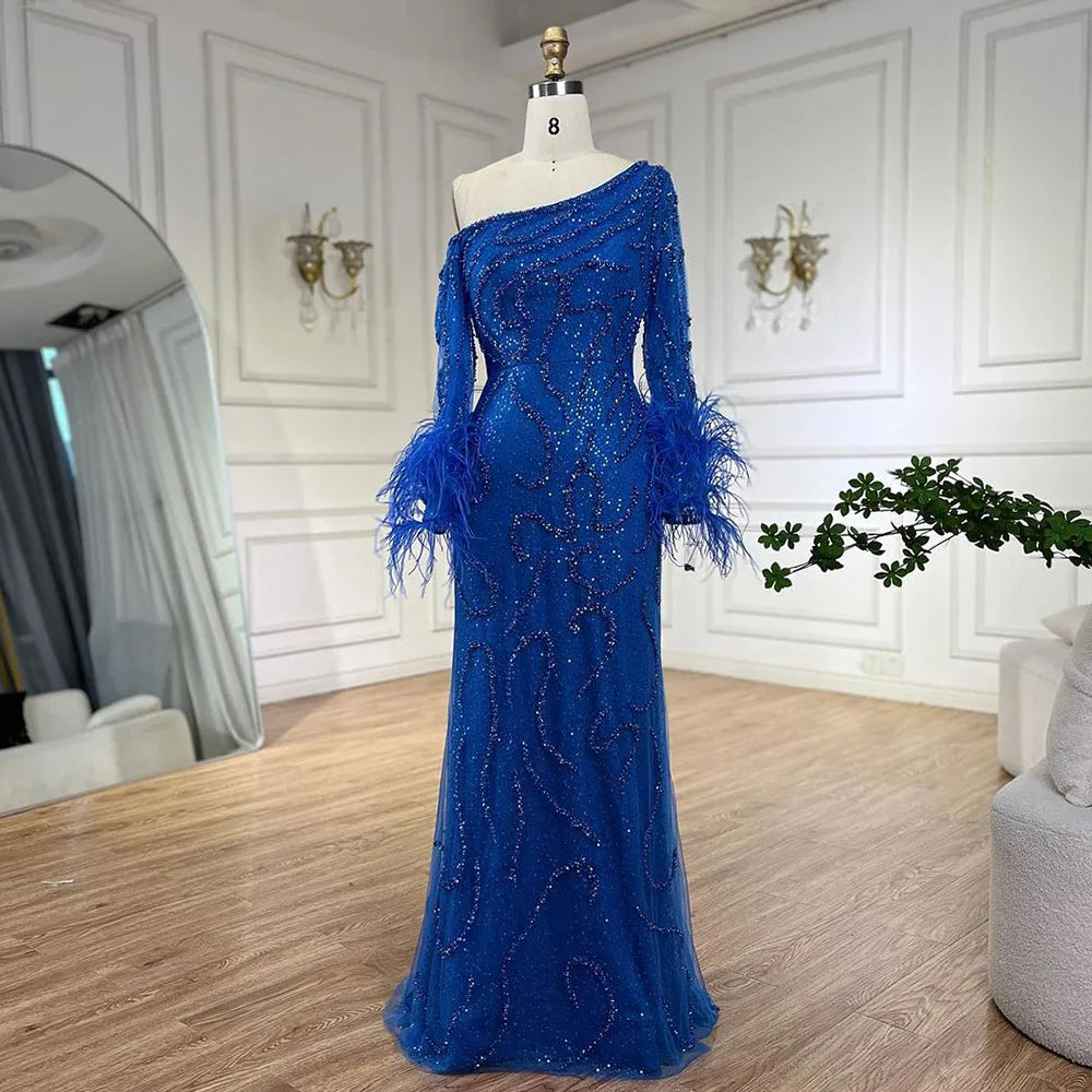 Serene Hill Blue Mermaid Elegant One-Shoulder Beaded Feathers Luxury Evening Dress Gown for Women's Wedding Party 2025 LA72395