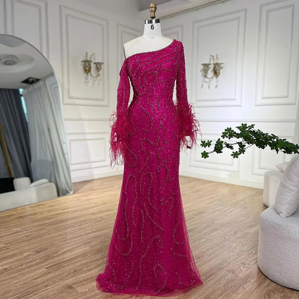 Serene Hill Blue Mermaid Elegant One-Shoulder Beaded Feathers Luxury Evening Dress Gown for Women's Wedding Party 2025 LA72395