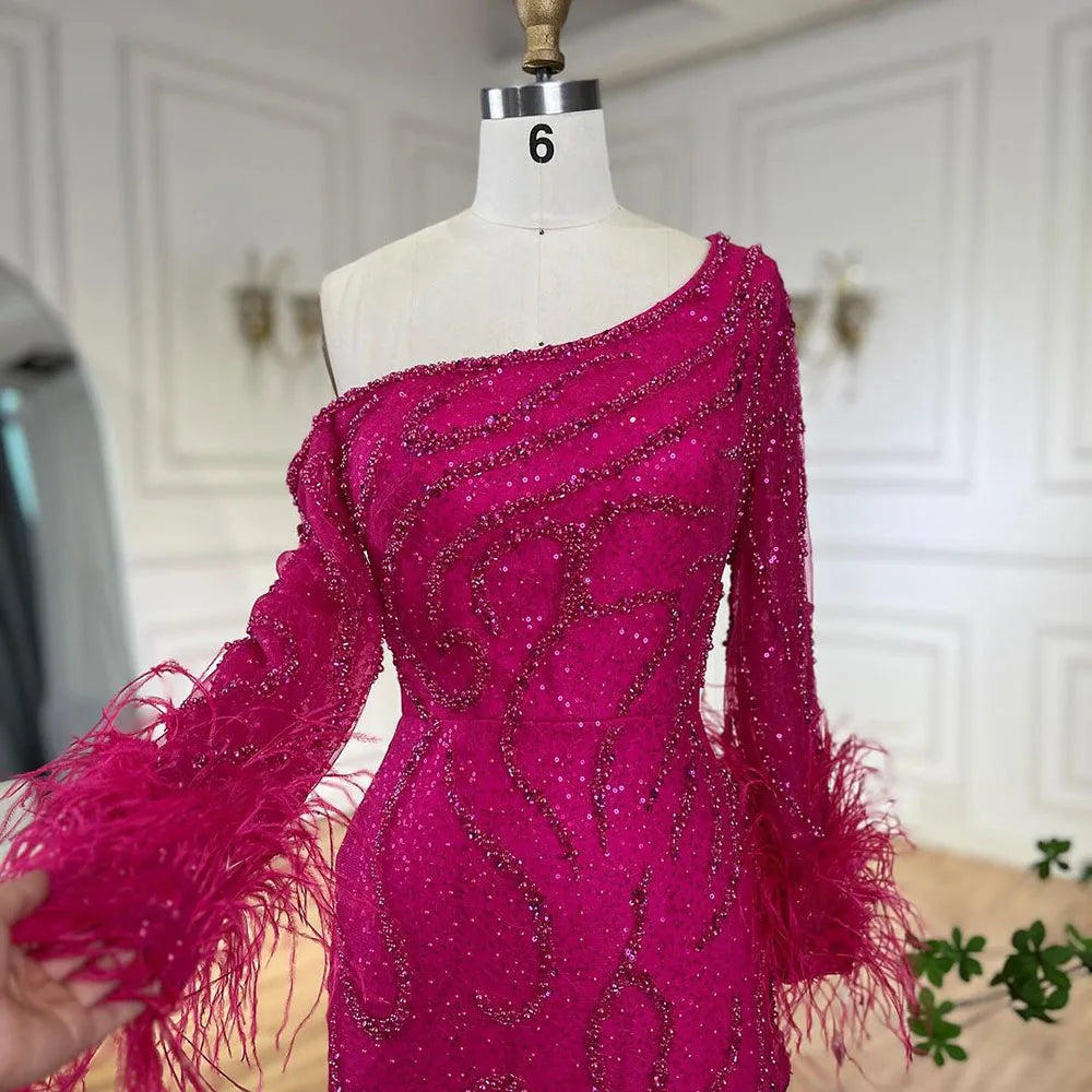 Serene Hill Blue Mermaid Elegant One-Shoulder Beaded Feathers Luxury Evening Dress Gown for Women's Wedding Party 2025 LA72395