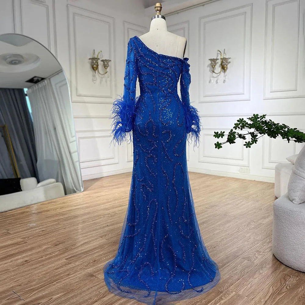 Serene Hill Blue Mermaid Elegant One-Shoulder Beaded Feathers Luxury Evening Dress Gown for Women's Wedding Party 2025 LA72395