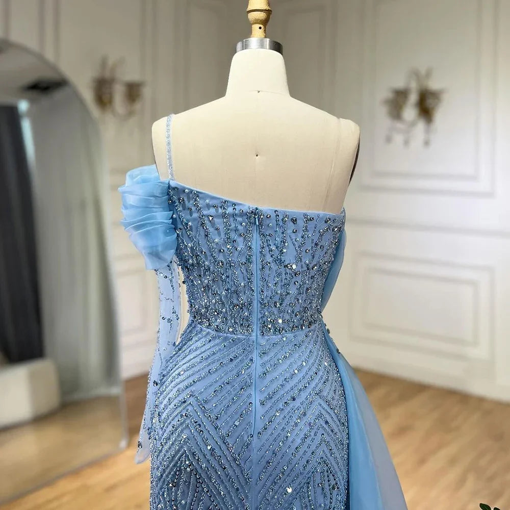 Serene Hill Blue Mermaid Elegant One Shoulder Evening Dresses Gowns Luxury Pearls Beaded For Women Wedding Party 2025 LA72244