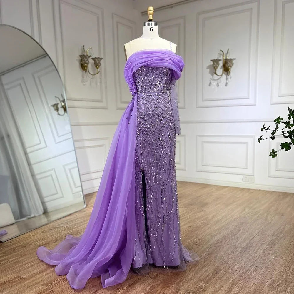 Serene Hill Blue Mermaid Elegant One Shoulder Evening Dresses Gowns Luxury Pearls Beaded For Women Wedding Party 2025 LA72244