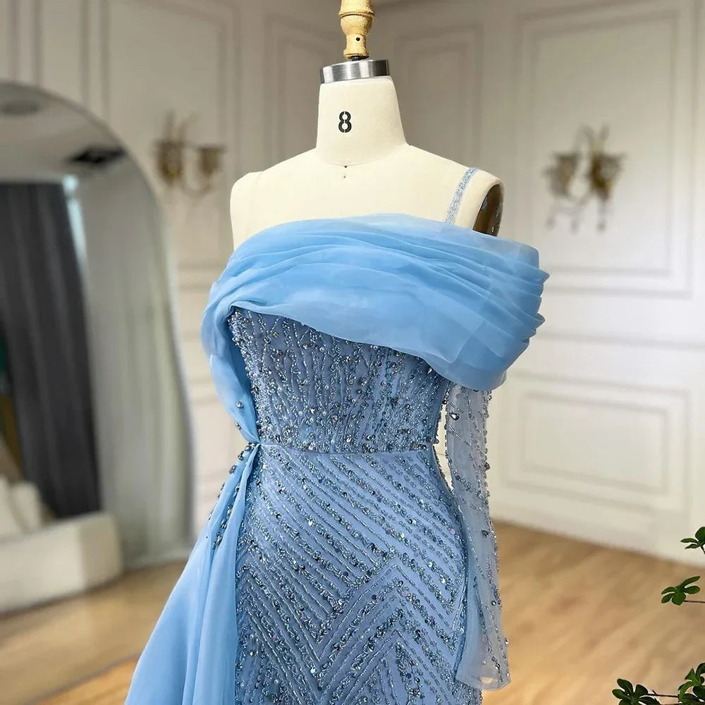 Serene Hill Blue Mermaid Elegant One Shoulder Evening Dresses Gowns Luxury Pearls Beaded For Women Wedding Party 2025 LA72244