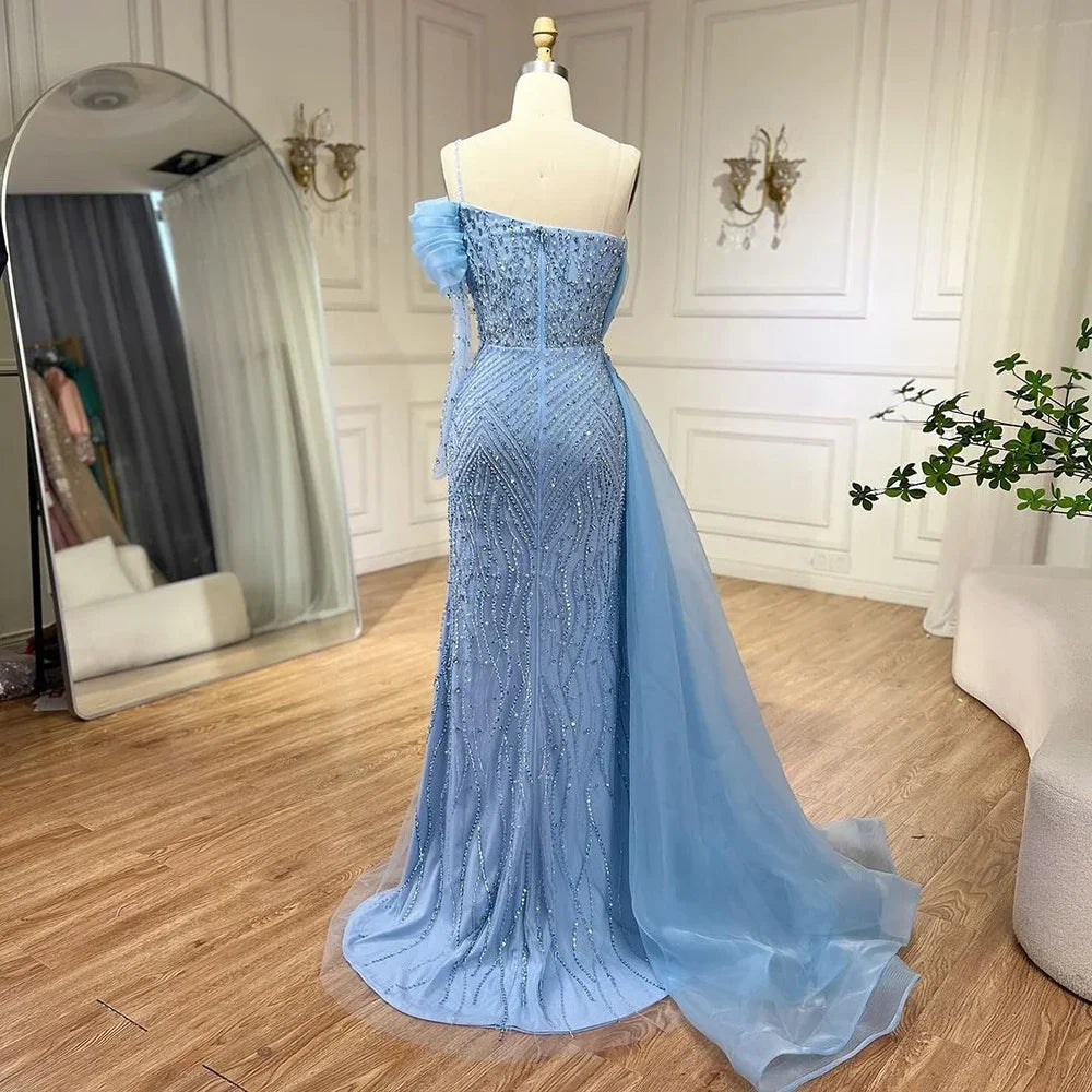 Serene Hill Blue Mermaid Elegant One Shoulder Evening Dresses Gowns Luxury Pearls Beaded For Women Wedding Party 2025 LA72244