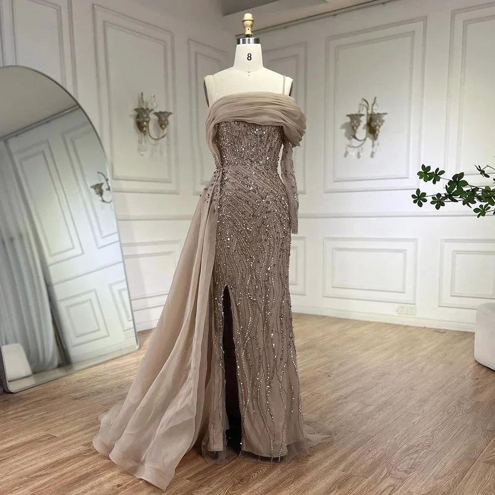 Serene Hill Blue Mermaid Elegant One Shoulder Evening Dresses Gowns Luxury Pearls Beaded For Women Wedding Party 2025 LA72244