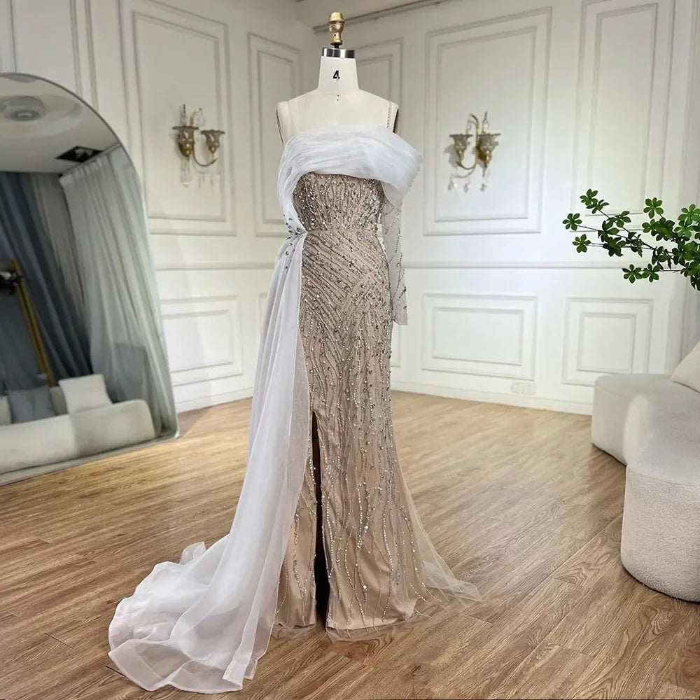 Serene Hill Blue Mermaid Elegant One Shoulder Evening Dresses Gowns Luxury Pearls Beaded For Women Wedding Party 2025 LA72244