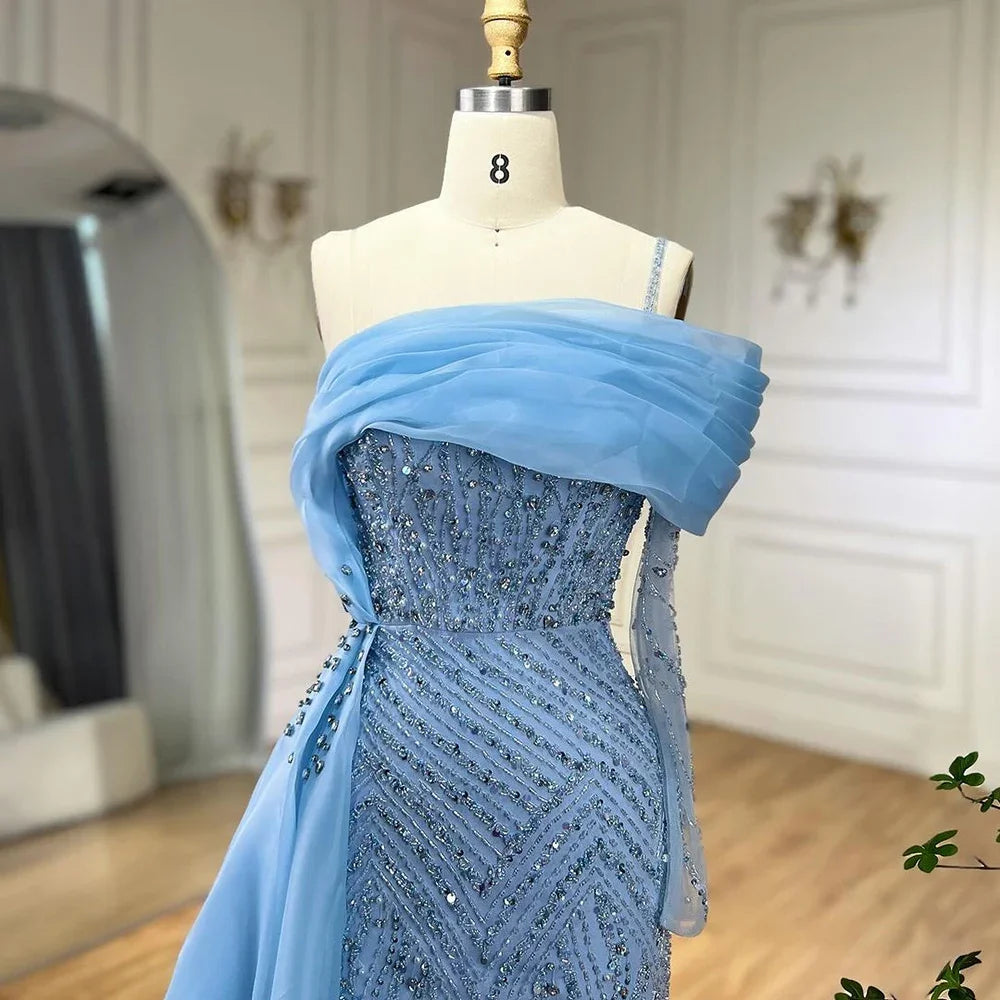 Serene Hill Blue Mermaid Elegant One Shoulder Evening Dresses Gowns Luxury Pearls Beaded For Women Wedding Party 2025 LA72244