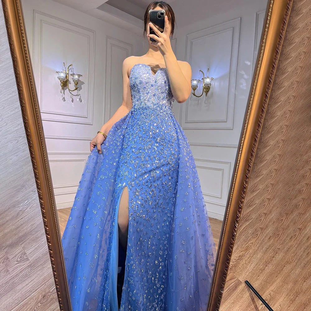Serene Hill Blue Mermaid High Split With Skirt Sweetheart Beaded Party Dresses Formal Women Evening LA71796