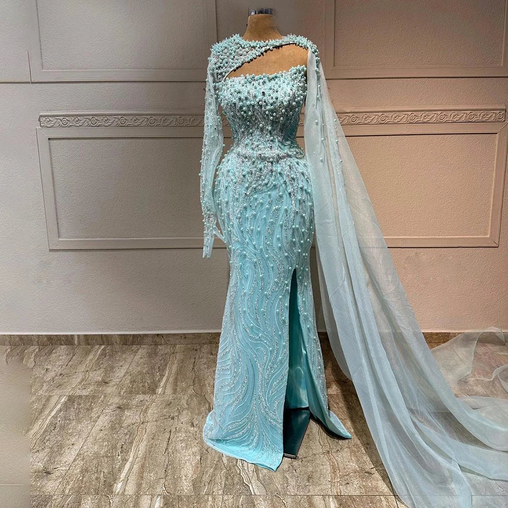 Luxury Dubai Blue Mermaid Long Cloak High Split Beaded Pearls Luxury Evening Dresses Gowns For Women Wedding Party LA72268