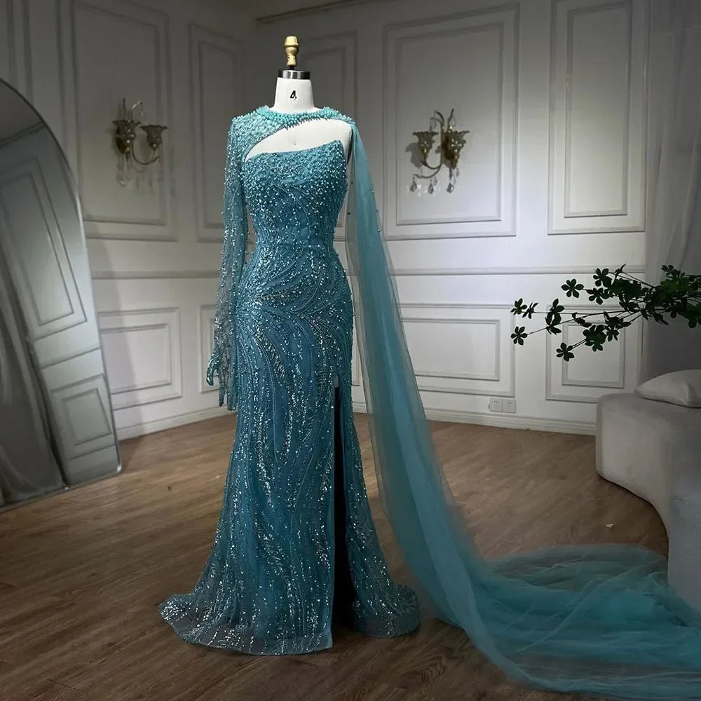 Luxury Dubai Blue Mermaid Long Cloak High Split Beaded Pearls Luxury Evening Dresses Gowns For Women Wedding Party LA72268