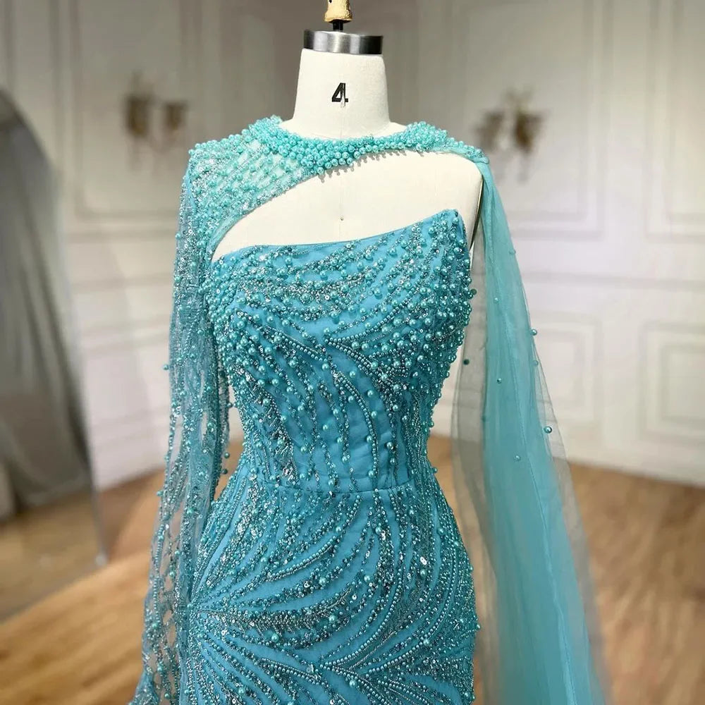 Luxury Dubai Blue Mermaid Long Cloak High Split Beaded Pearls Luxury Evening Dresses Gowns For Women Wedding Party LA72268