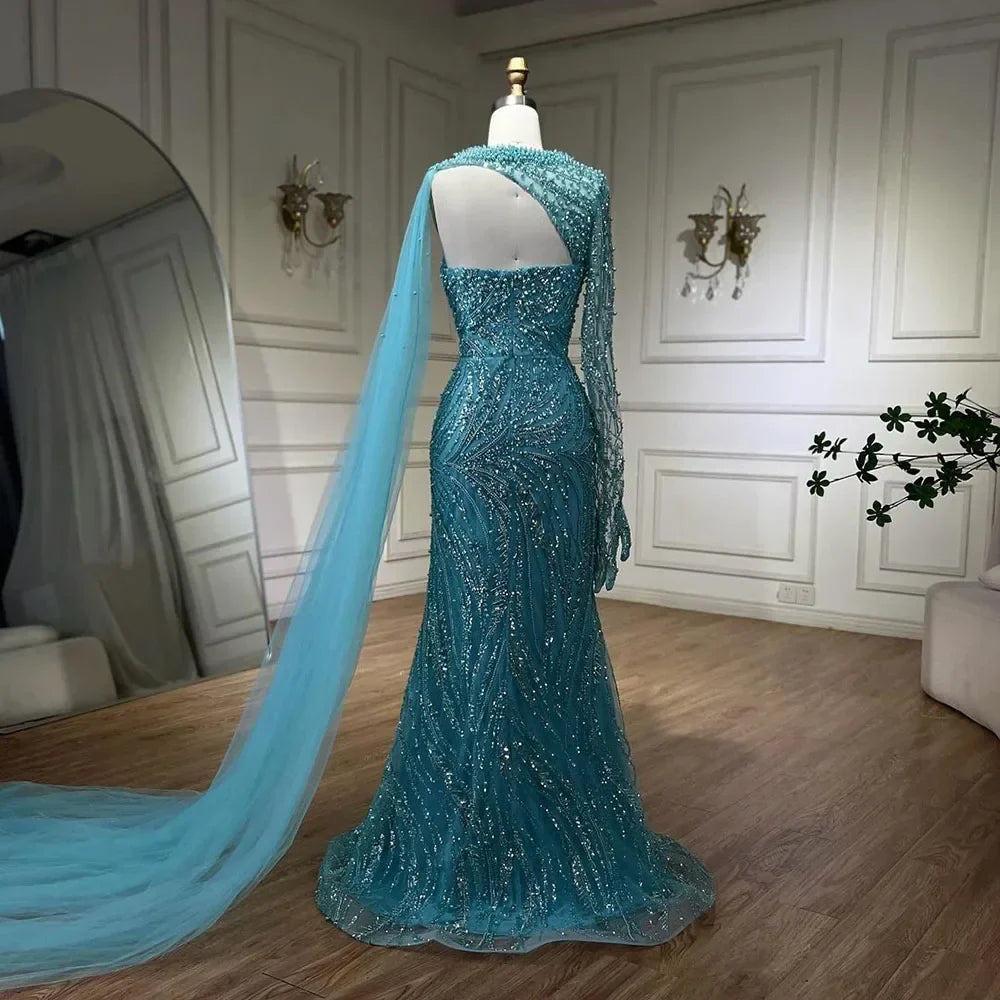 Luxury Dubai Blue Mermaid Long Cloak High Split Beaded Pearls Luxury Evening Dresses Gowns For Women Wedding Party LA72268