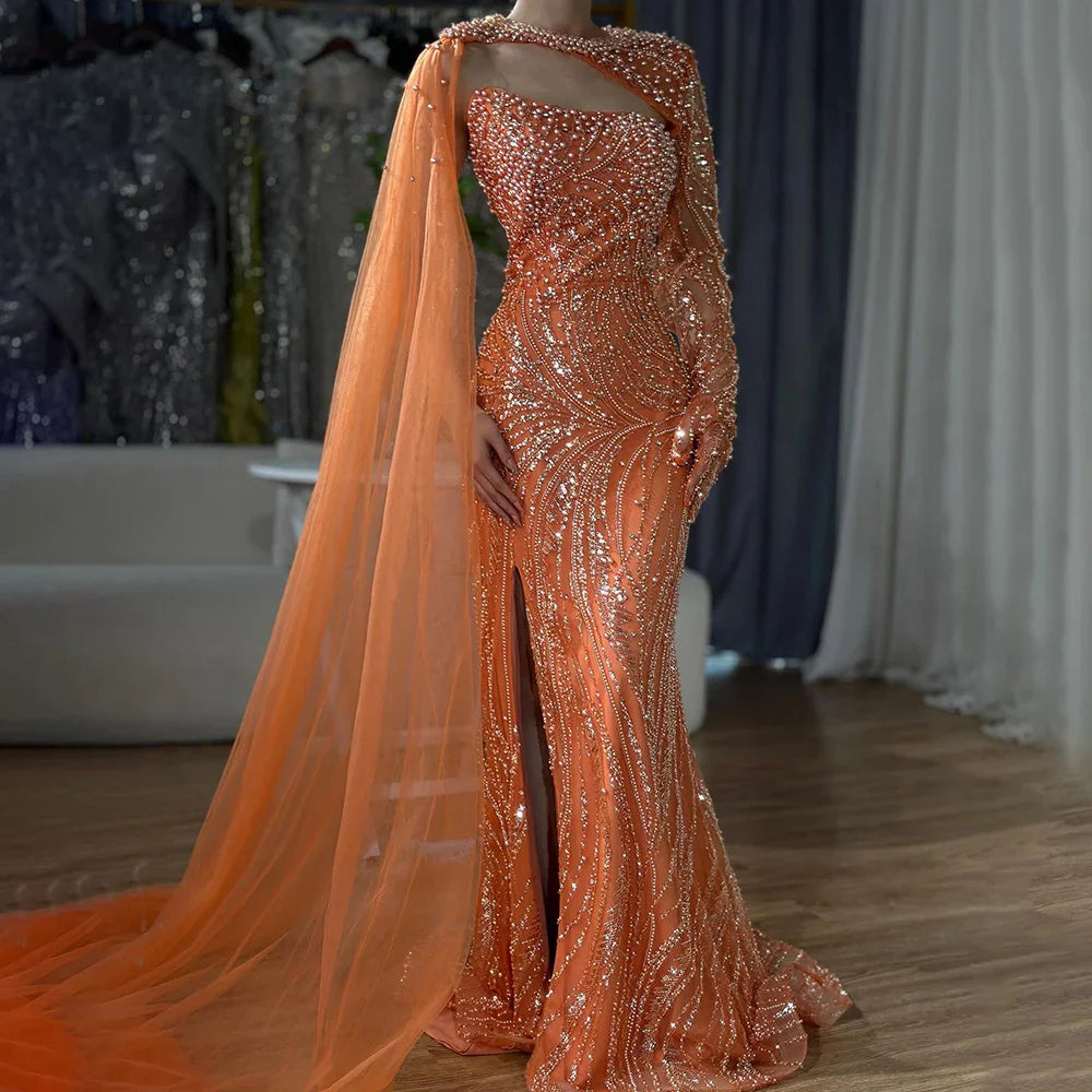 Luxury Dubai Blue Mermaid Long Cloak High Split Beaded Pearls Luxury Evening Dresses Gowns For Women Wedding Party LA72268