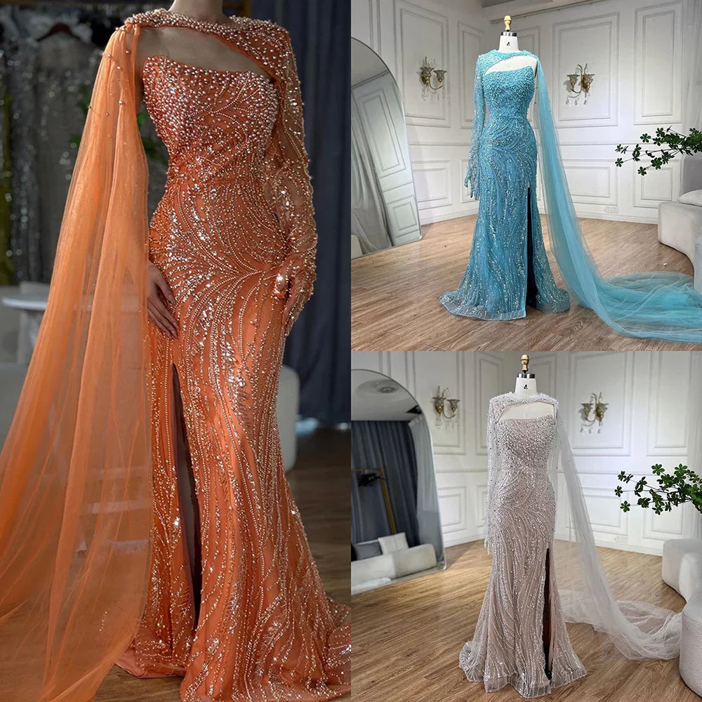 Luxury Dubai Blue Mermaid Long Cloak High Split Beaded Pearls Luxury Evening Dresses Gowns For Women Wedding Party LA72268