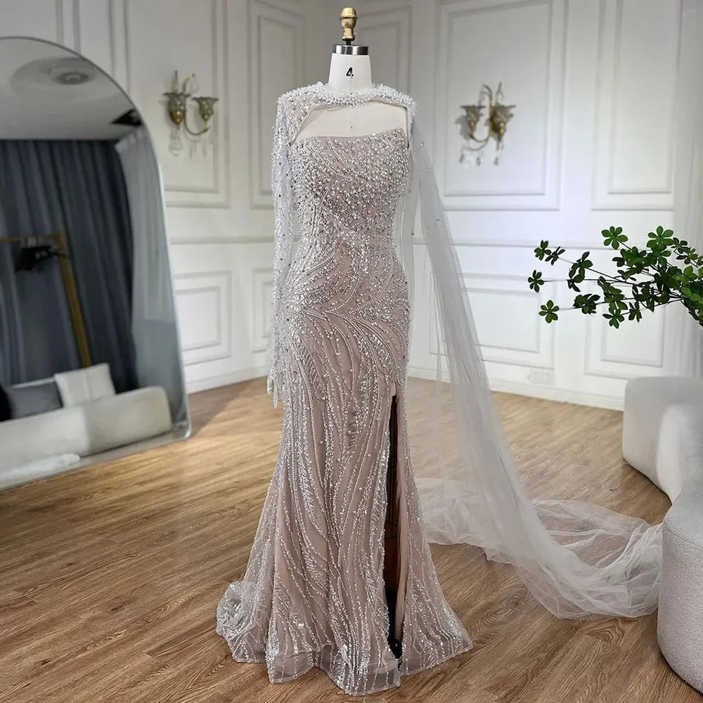 Luxury Dubai Blue Mermaid Long Cloak High Split Beaded Pearls Luxury Evening Dresses Gowns For Women Wedding Party LA72268
