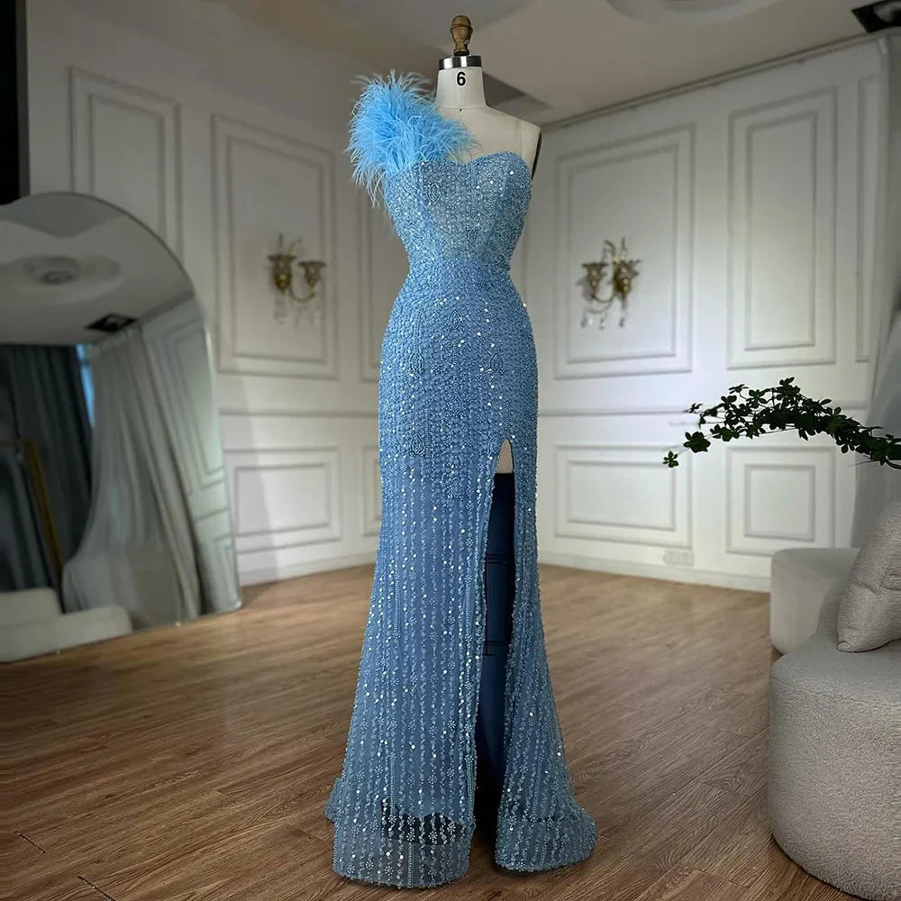 Luxury Dubai Blue Mermaid One Shoulder Beaded Evening Gown High Split and Feathers for Formal Occasion LA72347A