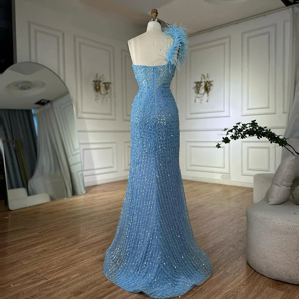 Luxury Dubai Blue Mermaid One Shoulder Beaded Evening Gown High Split and Feathers for Formal Occasion LA72347A