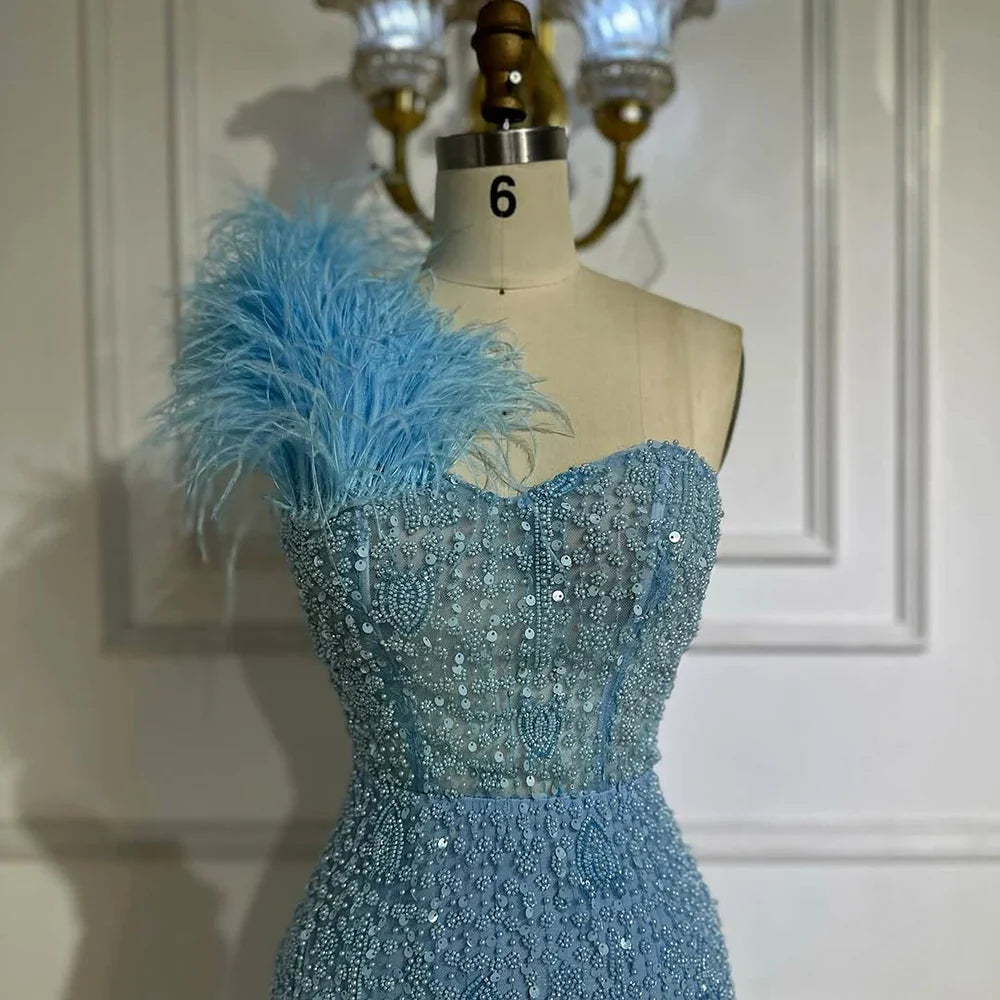 Luxury Dubai Blue Mermaid One Shoulder Beaded Evening Gown High Split and Feathers for Formal Occasion LA72347A