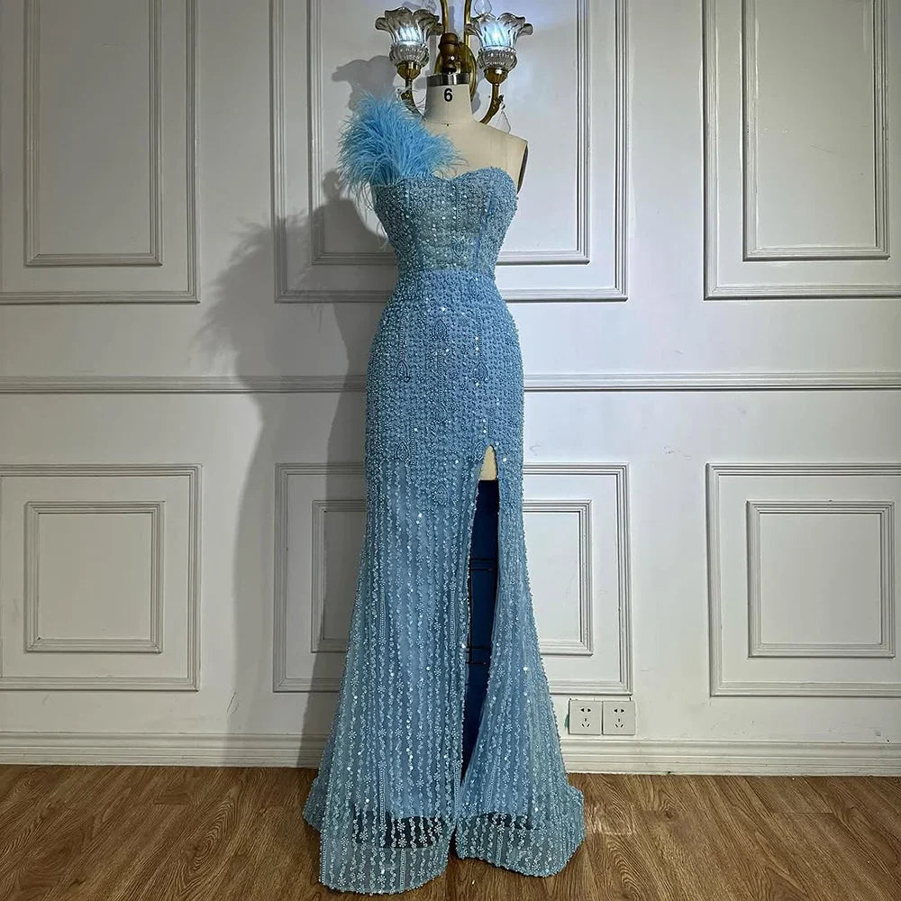 Luxury Dubai Blue Mermaid One Shoulder Beaded Evening Gown High Split and Feathers for Formal Occasion LA72347A