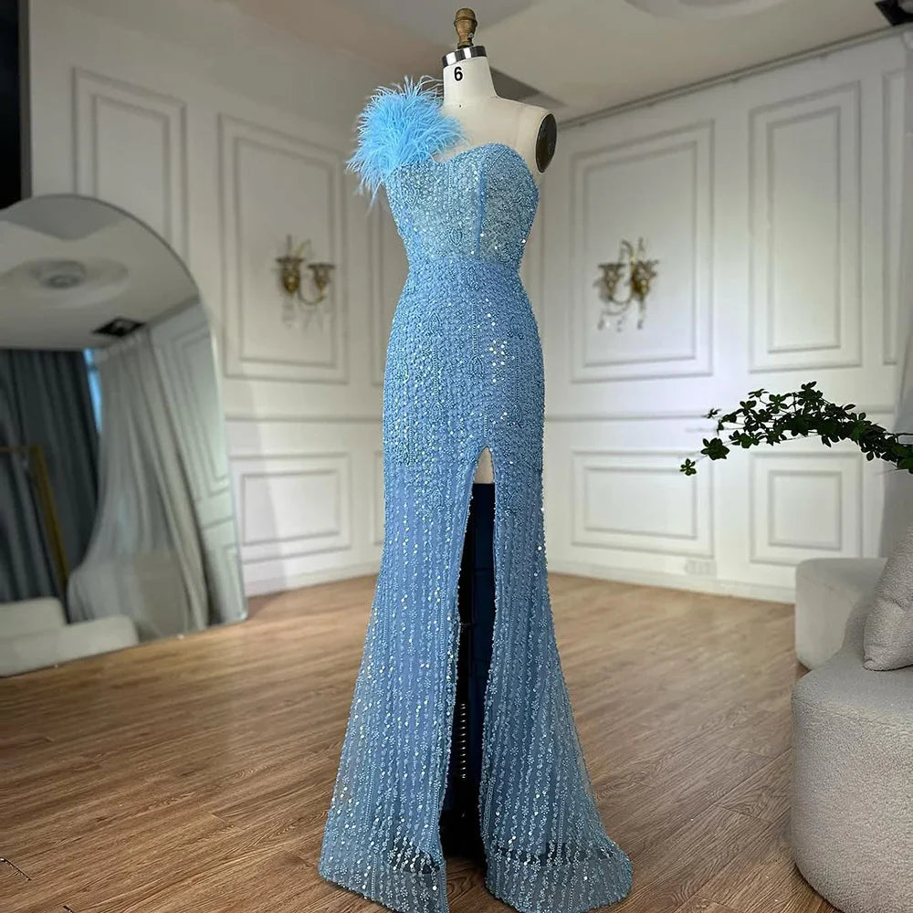 Luxury Dubai Blue Mermaid One Shoulder Beaded Evening Gown High Split and Feathers for Formal Occasion LA72347A