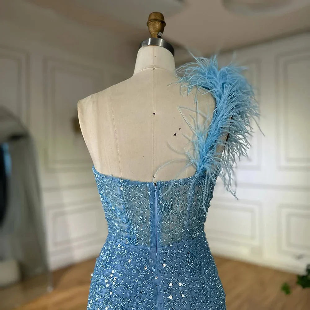 Luxury Dubai Blue Mermaid One Shoulder Beaded Evening Gown High Split and Feathers for Formal Occasion LA72347A