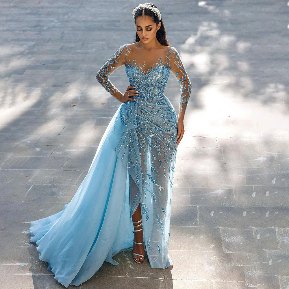 On Sale no return no refundSerene Hill Blue Mermaid Sexy High Split Elegant With Skirt Lace Beaded Evening Dresses Gowns For Women Party LA71781