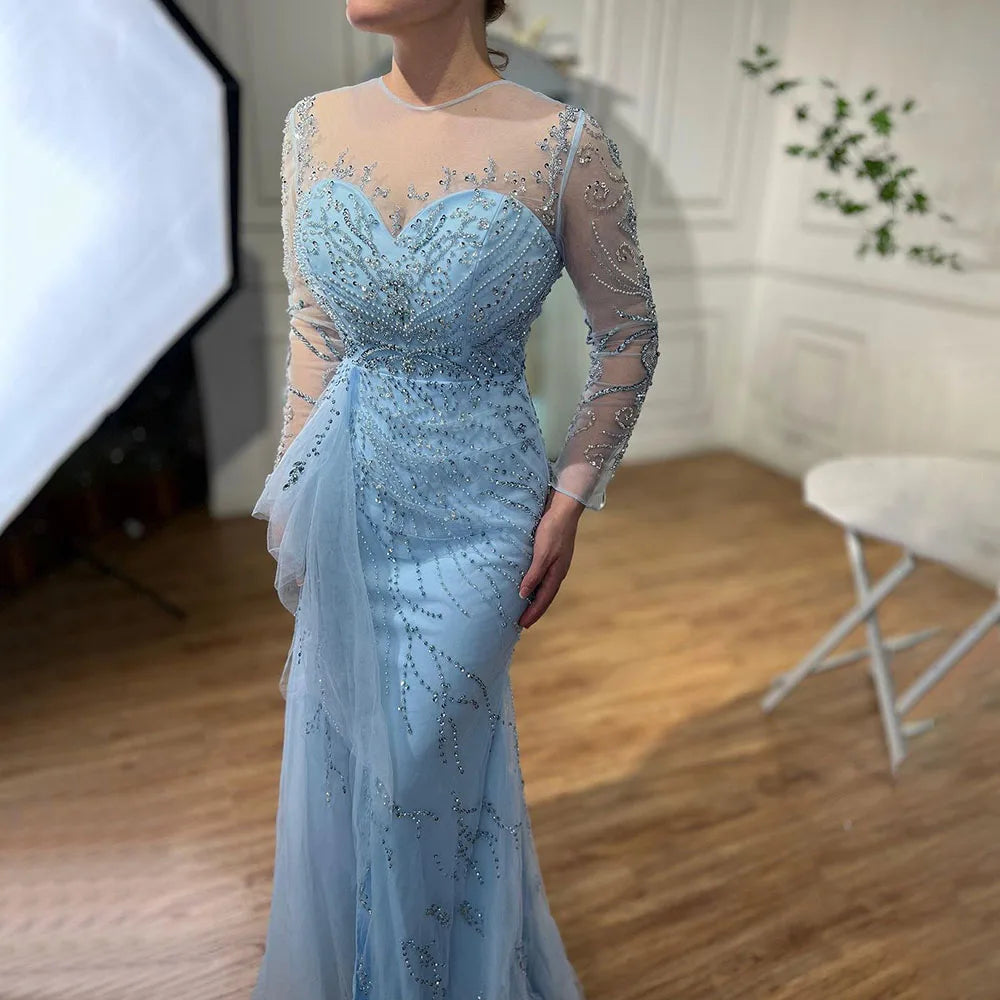 On Sale no return no refundSerene Hill Blue Mermaid Sexy High Split Elegant With Skirt Lace Beaded Evening Dresses Gowns For Women Party LA71781
