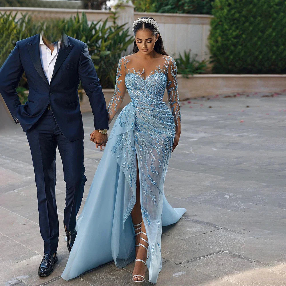 On Sale no return no refundSerene Hill Blue Mermaid Sexy High Split Elegant With Skirt Lace Beaded Evening Dresses Gowns For Women Party LA71781