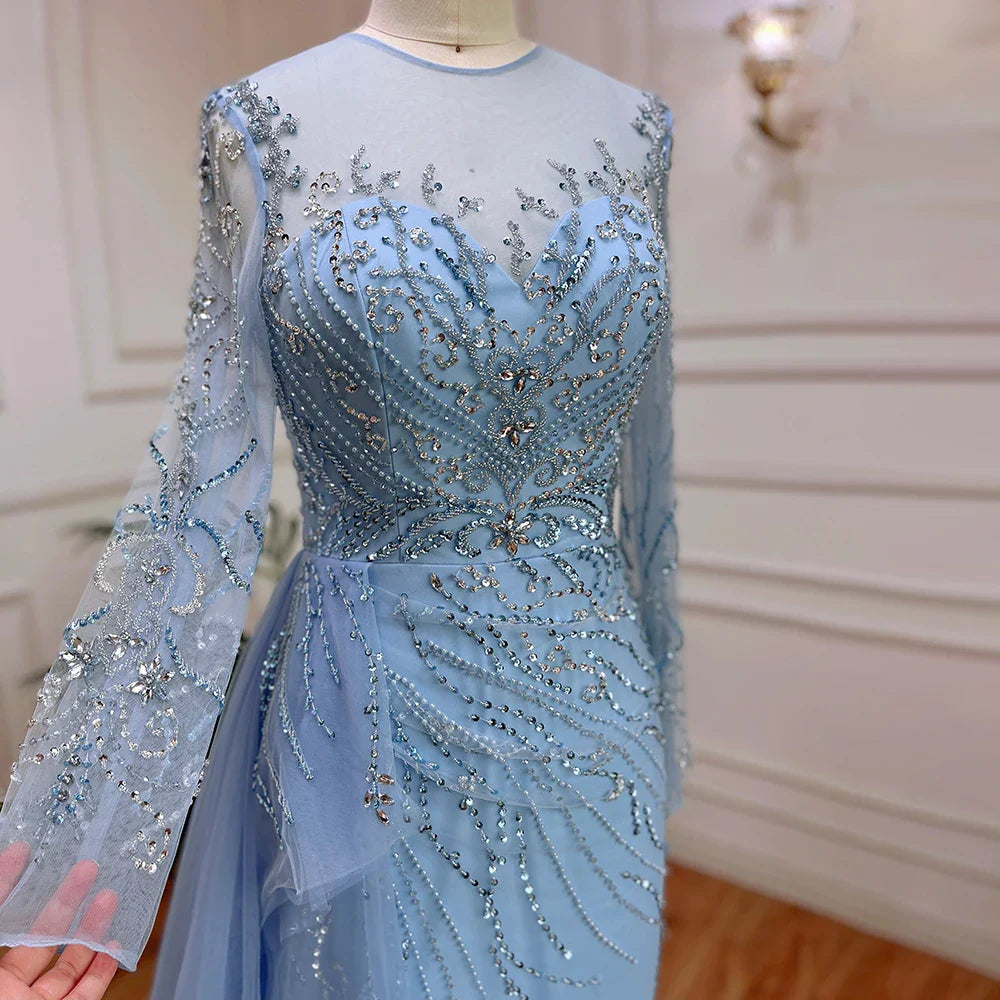 On Sale no return no refundSerene Hill Blue Mermaid Sexy High Split Elegant With Skirt Lace Beaded Evening Dresses Gowns For Women Party LA71781