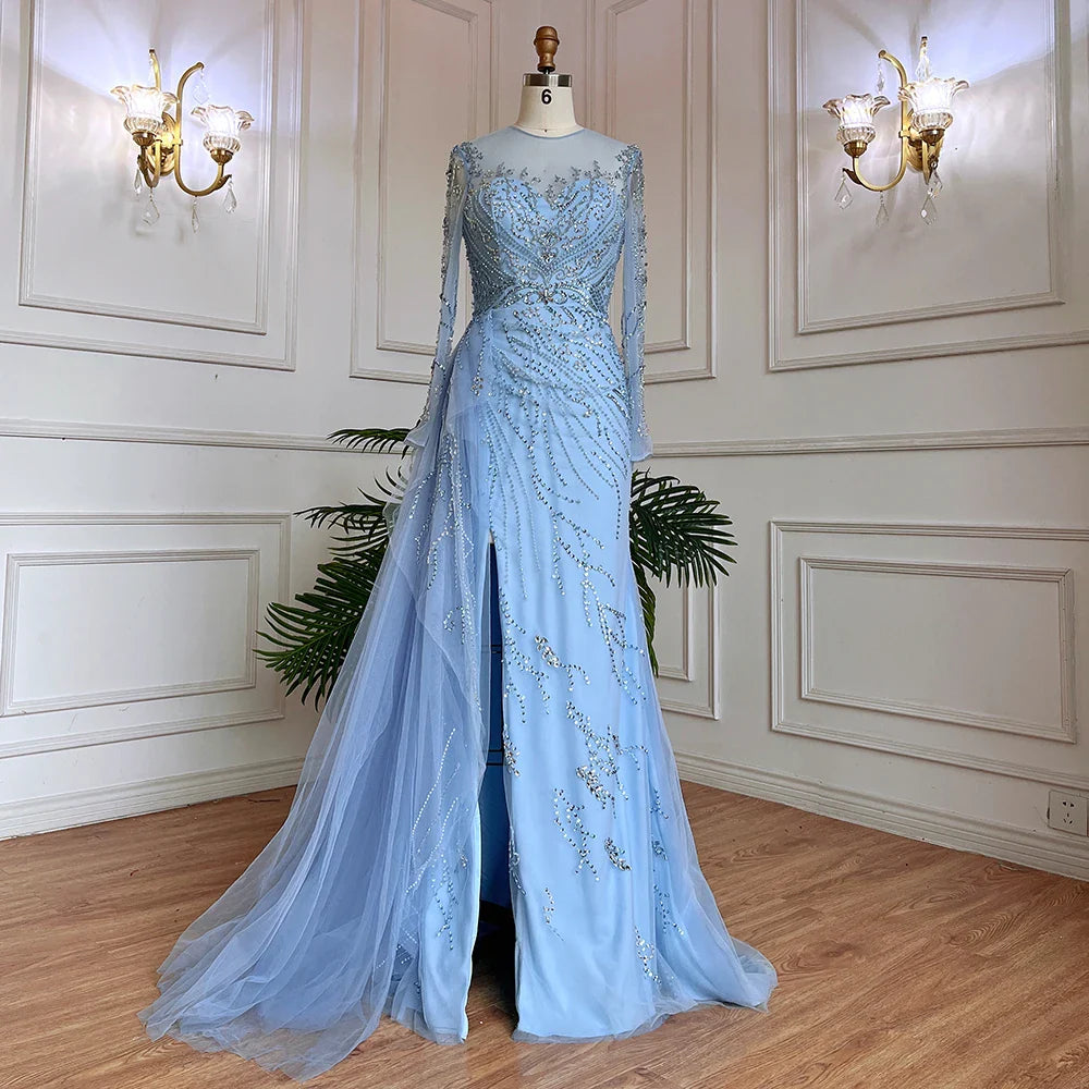 On Sale no return no refundSerene Hill Blue Mermaid Sexy High Split Elegant With Skirt Lace Beaded Evening Dresses Gowns For Women Party LA71781