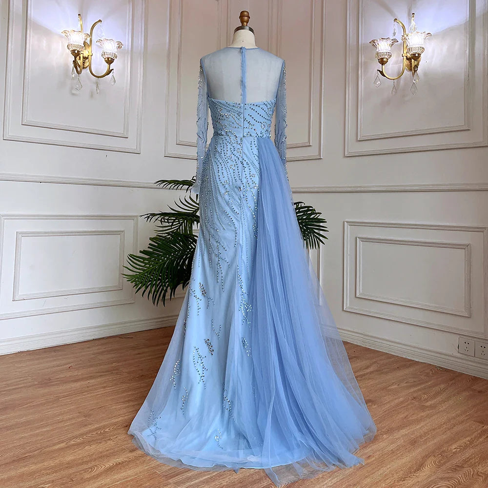 On Sale no return no refundSerene Hill Blue Mermaid Sexy High Split Elegant With Skirt Lace Beaded Evening Dresses Gowns For Women Party LA71781