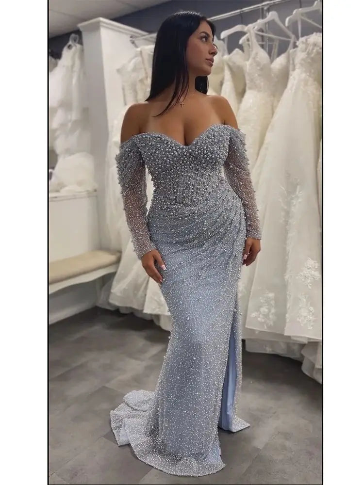 Luxury Dubai Blue Beaded Mermaid Evening Dresses Formal Party Gowns LA72885