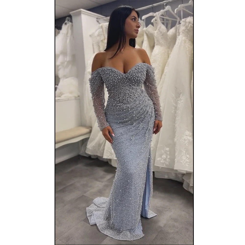 Luxury Dubai Blue Beaded Mermaid Evening Dresses Formal Party Gowns LA72885