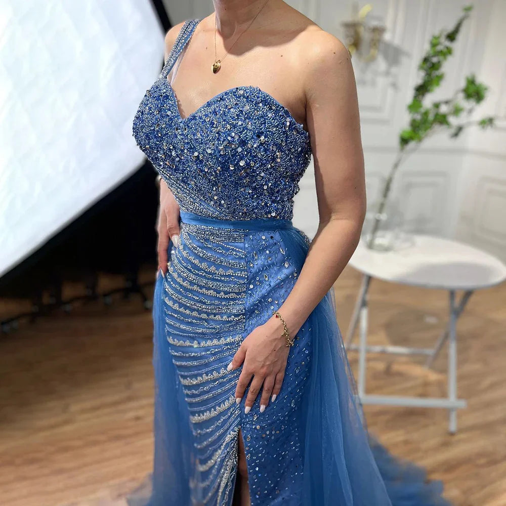 Serene Hill Blue One Shoulder High Split Mermaid Elegant Beaded With Overskirt Evening Dresses Gowns For Women Party LA71825