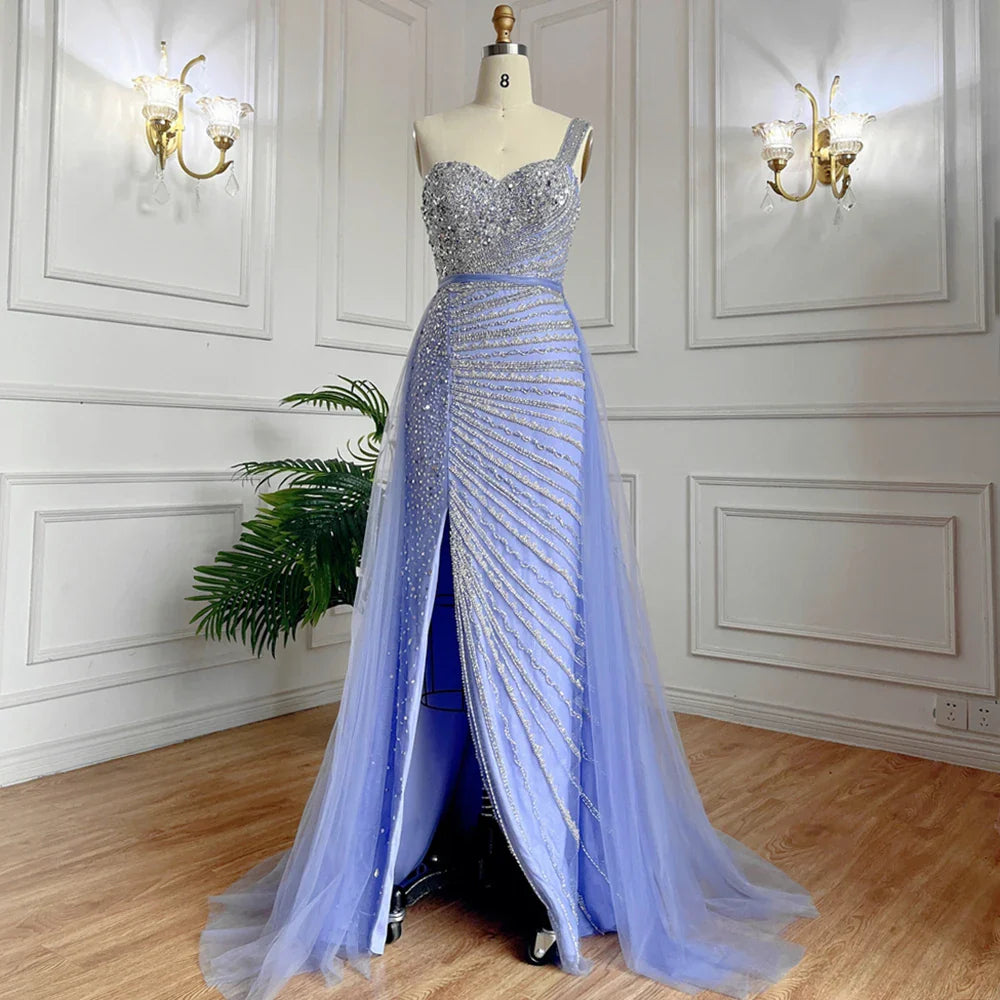 Serene Hill Blue One Shoulder High Split Mermaid Elegant Beaded With Overskirt Evening Dresses Gowns For Women Party LA71825