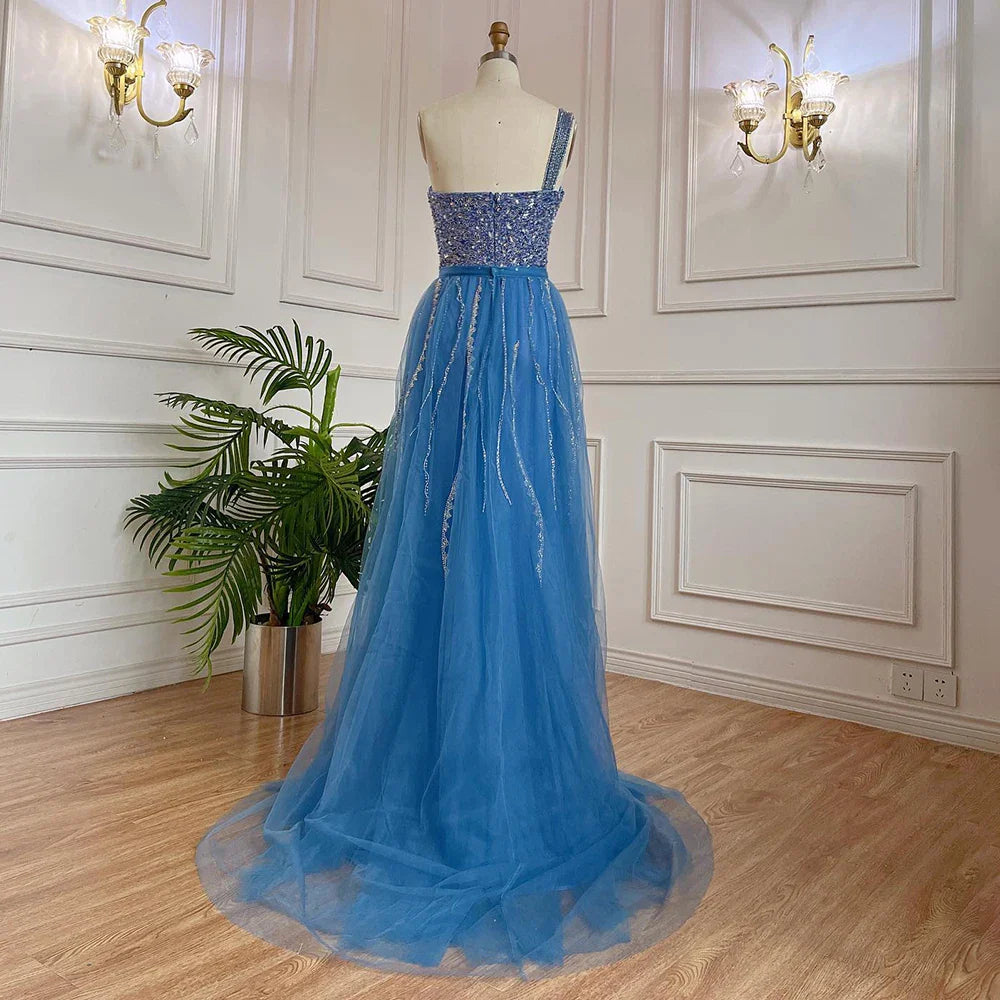 Serene Hill Blue One Shoulder High Split Mermaid Elegant Beaded With Overskirt Evening Dresses Gowns For Women Party LA71825