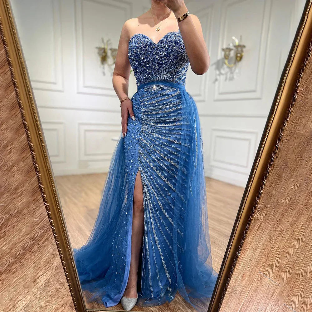 Serene Hill Blue One Shoulder High Split Mermaid Elegant Beaded With Overskirt Evening Dresses Gowns For Women Party LA71825
