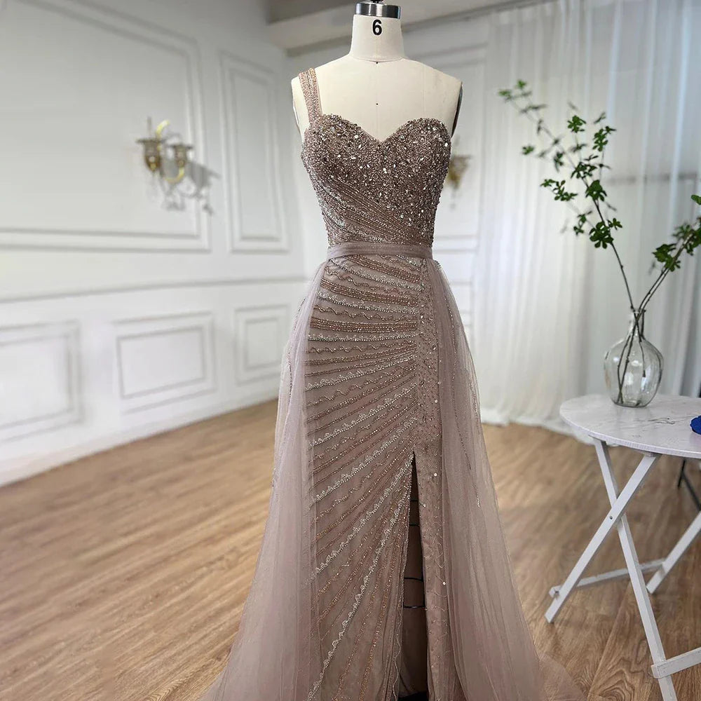 Serene Hill Blue One Shoulder High Split Mermaid Elegant Beaded With Overskirt Evening Dresses Gowns For Women Party LA71825