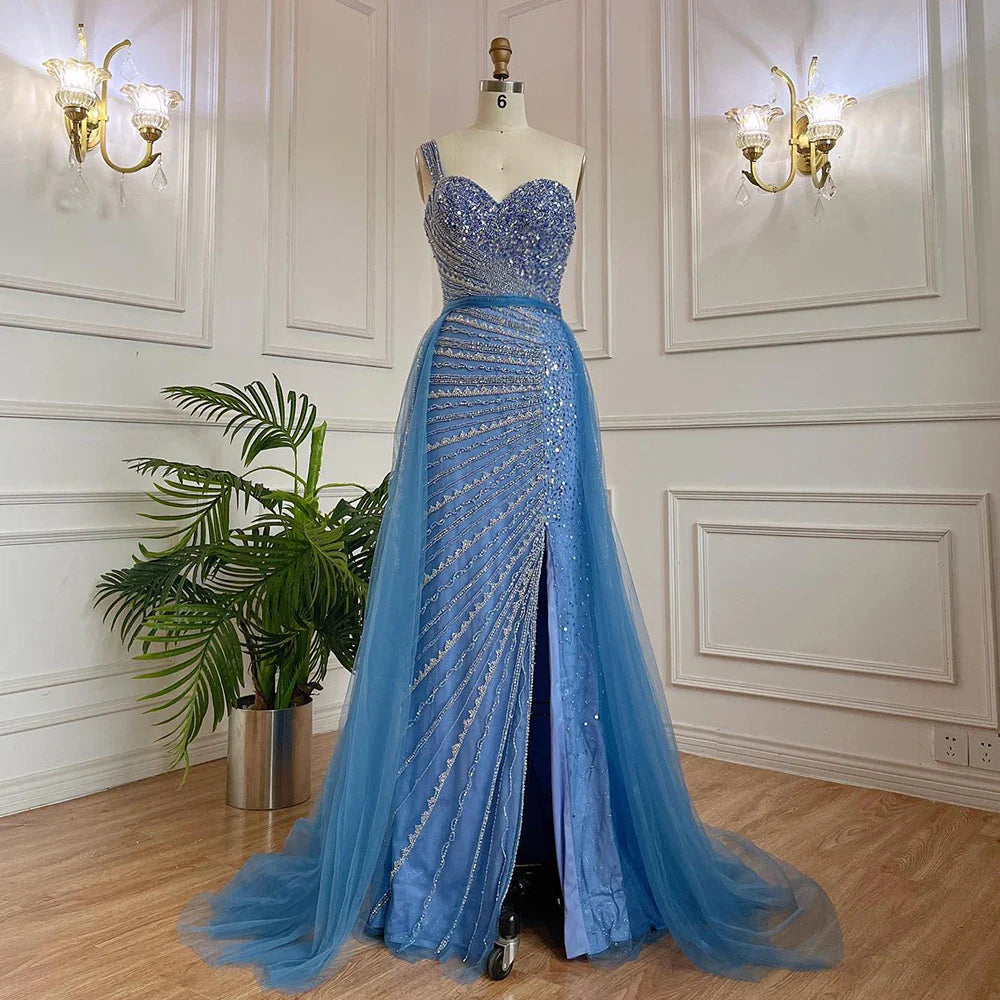 Serene Hill Blue One Shoulder High Split Mermaid Elegant Beaded With Overskirt Evening Dresses Gowns For Women Party LA71825